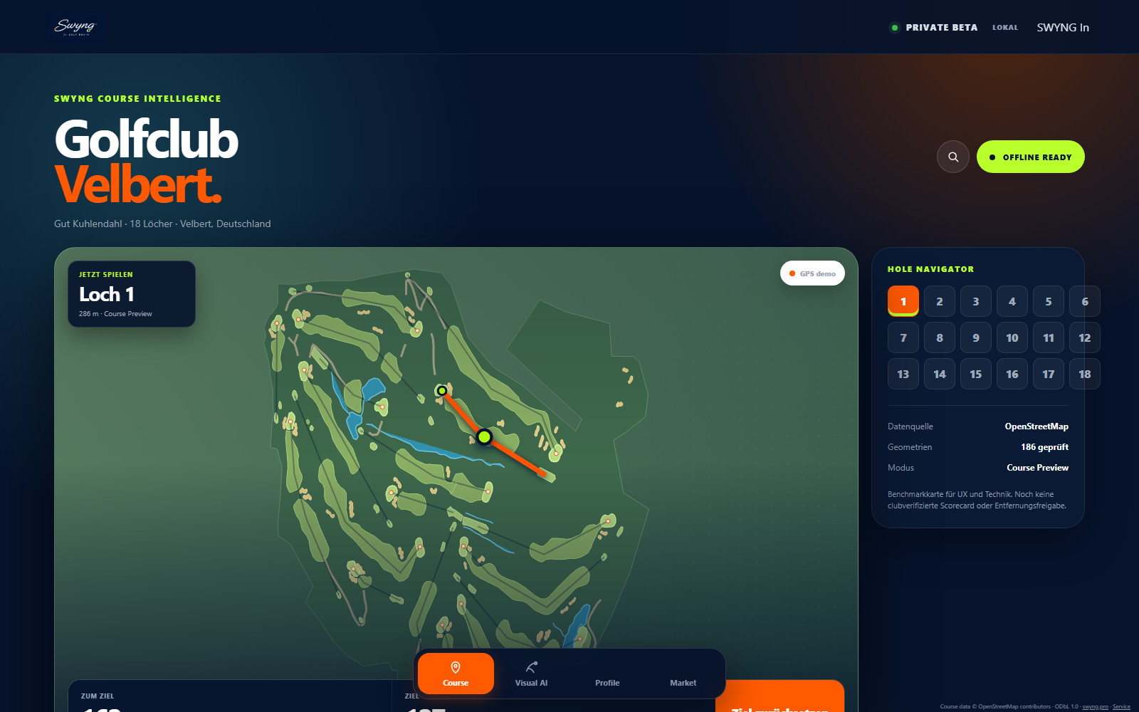 SWYNG Course Intelligence Beta für Golfclub Velbert mit Lochkarte und GPS-Distanzen
