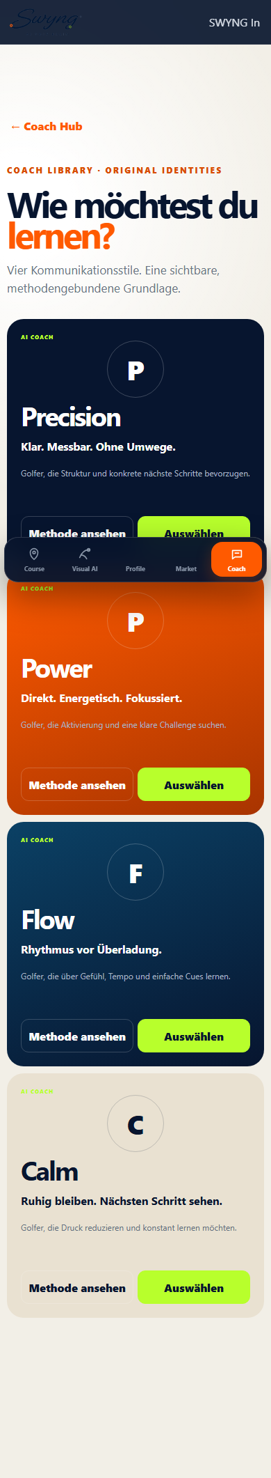 Mobile SWYNG Coach Library mit den vier Coaching Styles Precision, Power, Flow und Calm