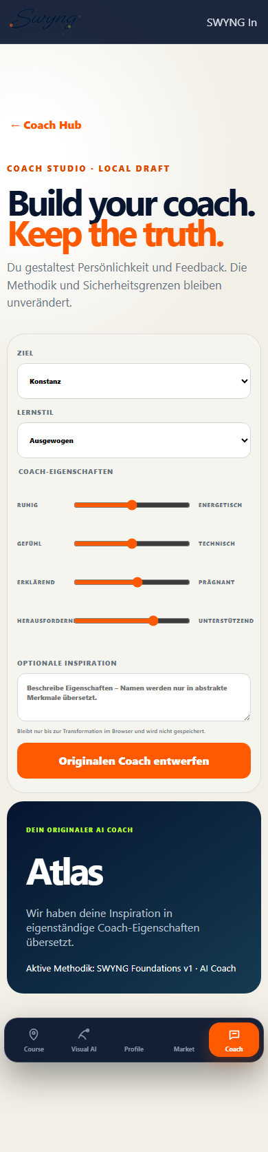 Mobiles SWYNG Coach Studio mit Ziel, Lernstil und konfigurierbaren Coach-Eigenschaften