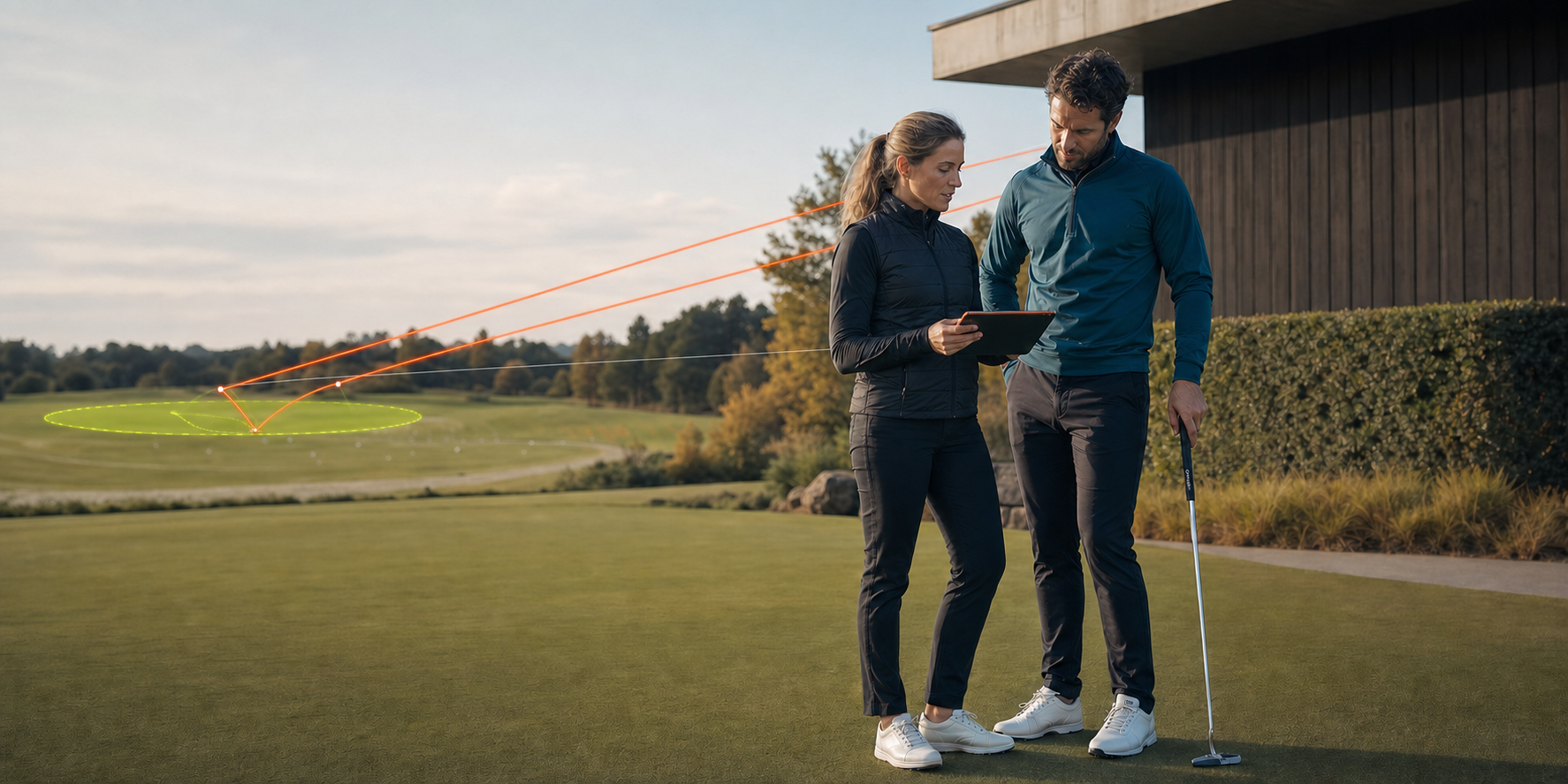 Golfcoach und Spielerin analysieren gemeinsam Daten auf dem Putting Green