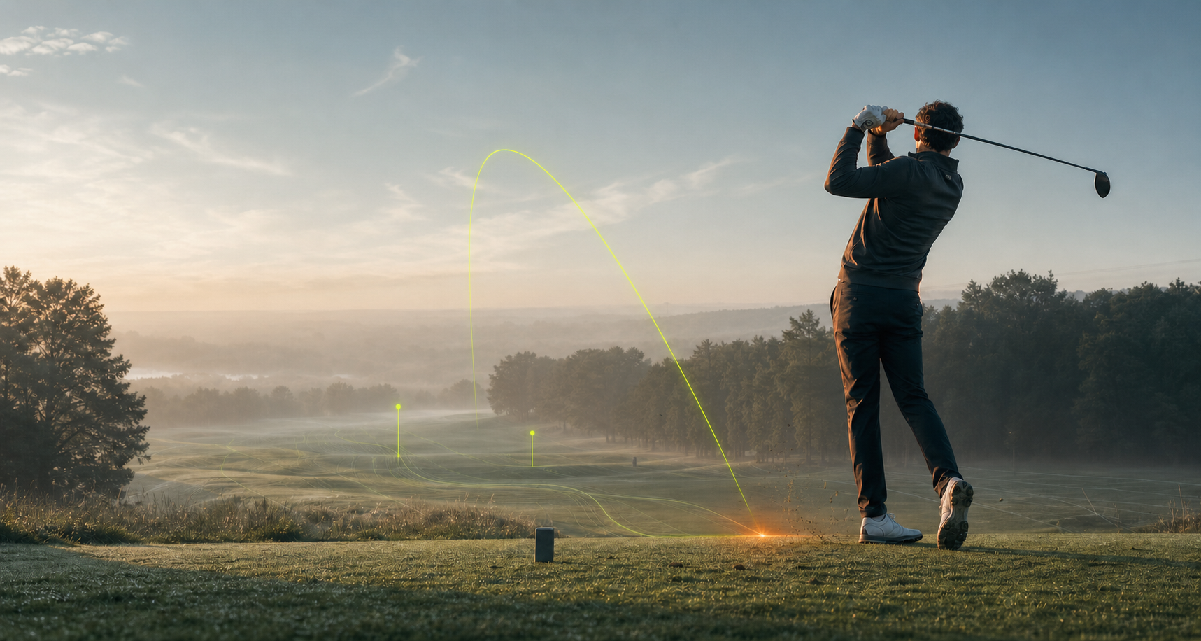 Golfer auf dem Platz mit visualisierter Flugkurve und Course-Intelligence-Signalen