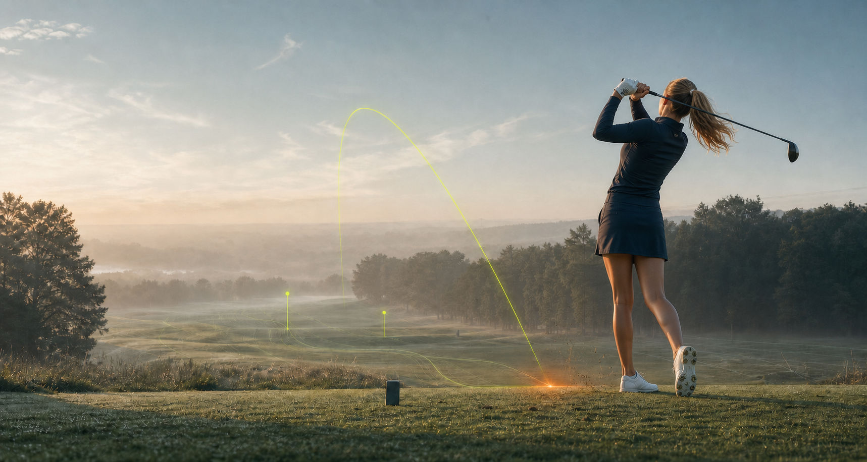 Golferin nach dem Abschlag auf einem europäischen Golfplatz mit visualisierter Flugkurve