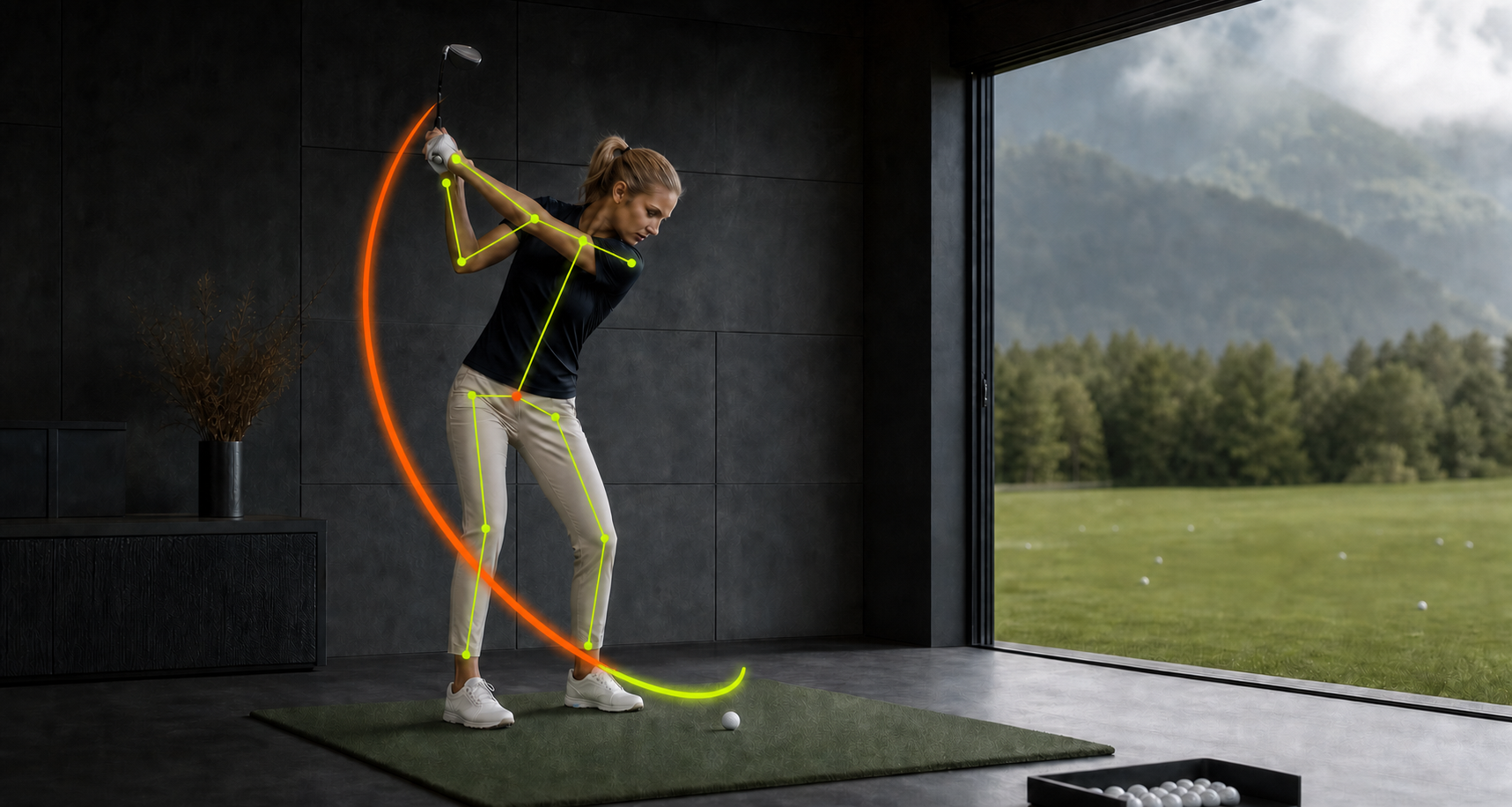 Golferin im modernen Swing Lab mit SWYNG Pose Estimation und visualisiertem Schlägerpfad