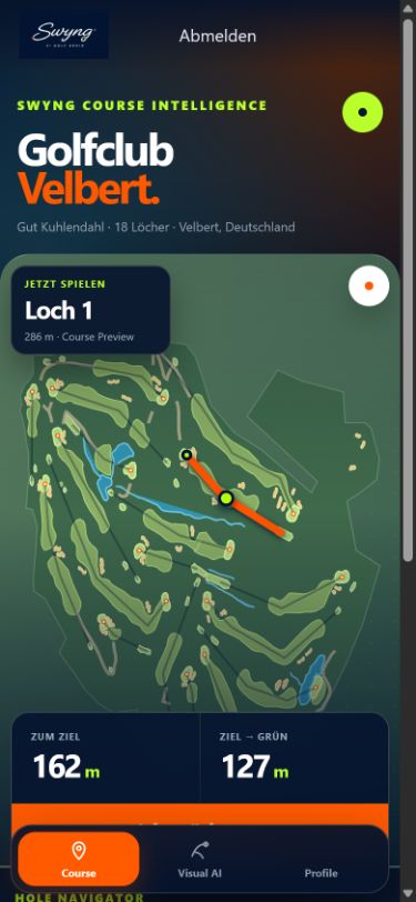 Laufende SWYNG Course Intelligence Beta mit Golfclub Velbert, Lochübersicht und GPS-Distanzen