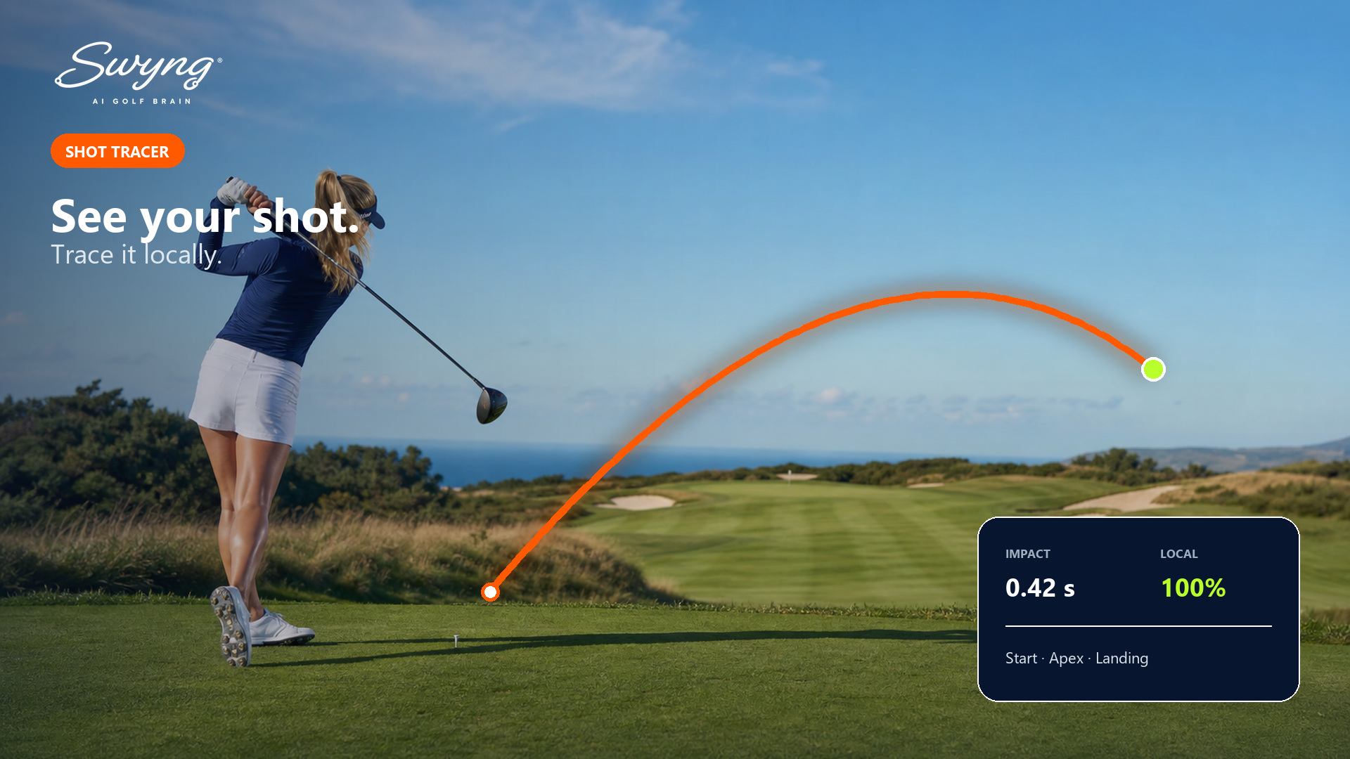 Golferin auf dem Abschlag mit SWYNG Shot Tracer Flugkurve, die am Ball startet